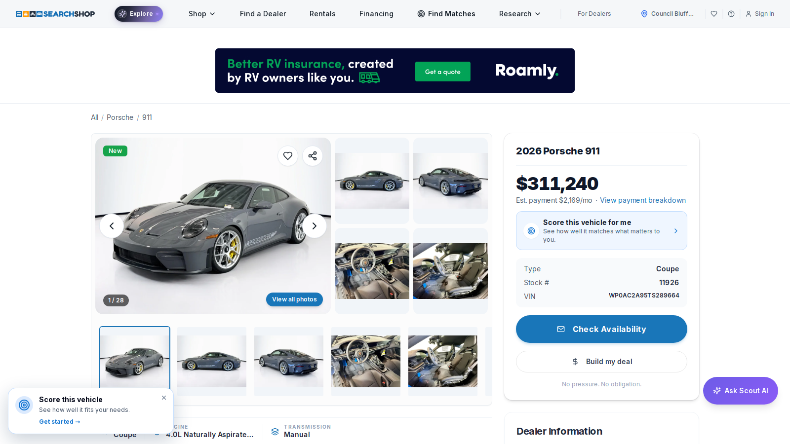 Searchshop Auto vehicle detail page for a 2026 Porsche 911