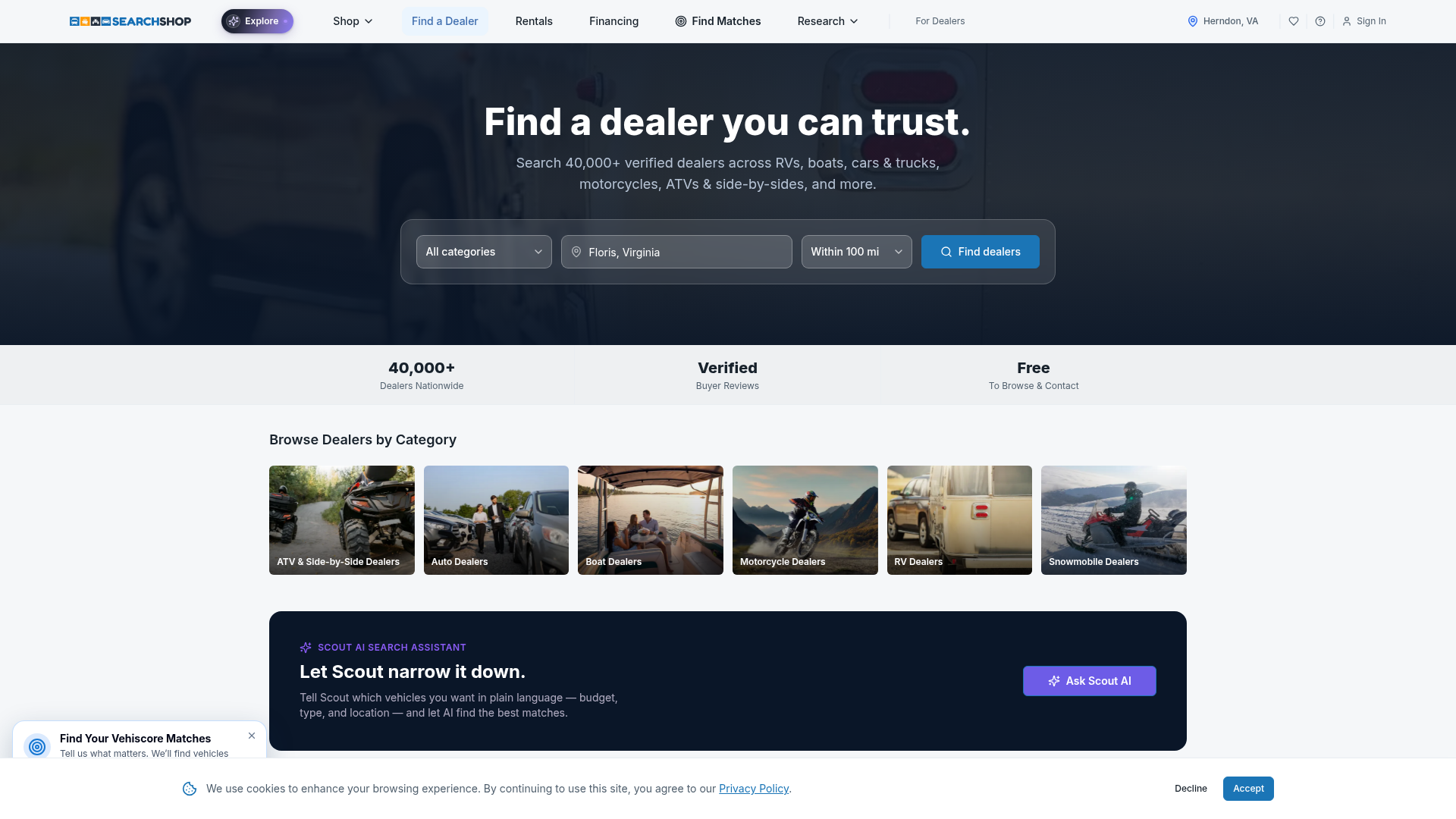 Real Searchshop dealer directory with dealer search, category cards, and dealer discovery content