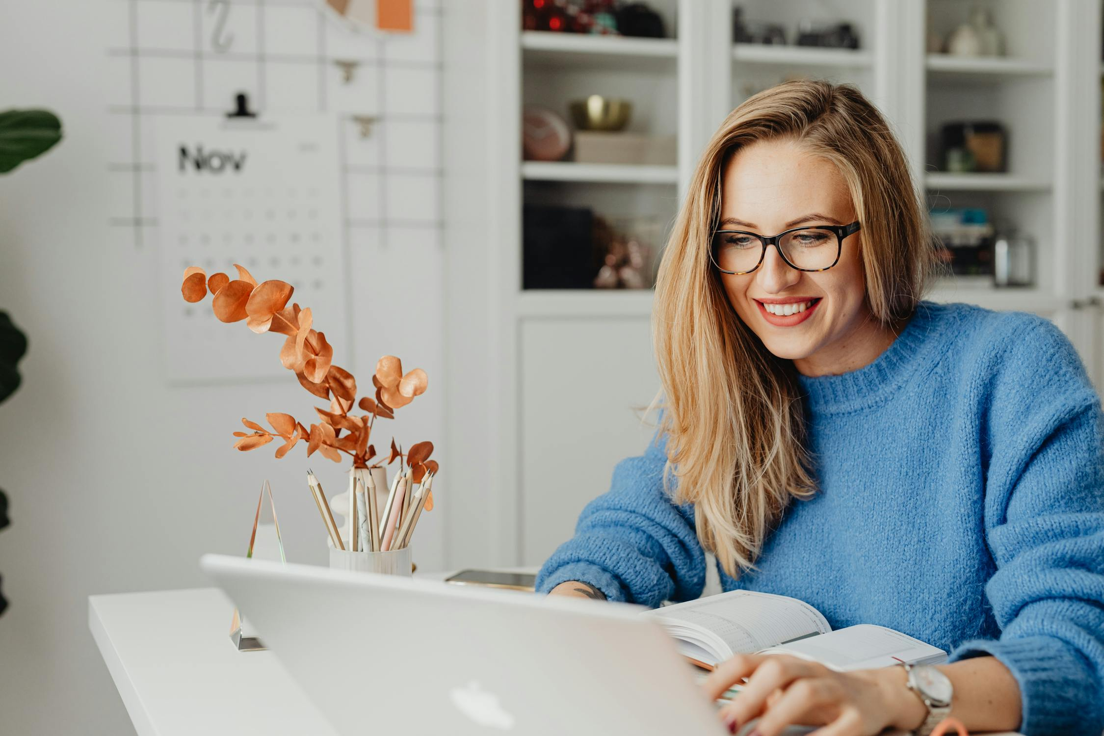 Woman uses laptop